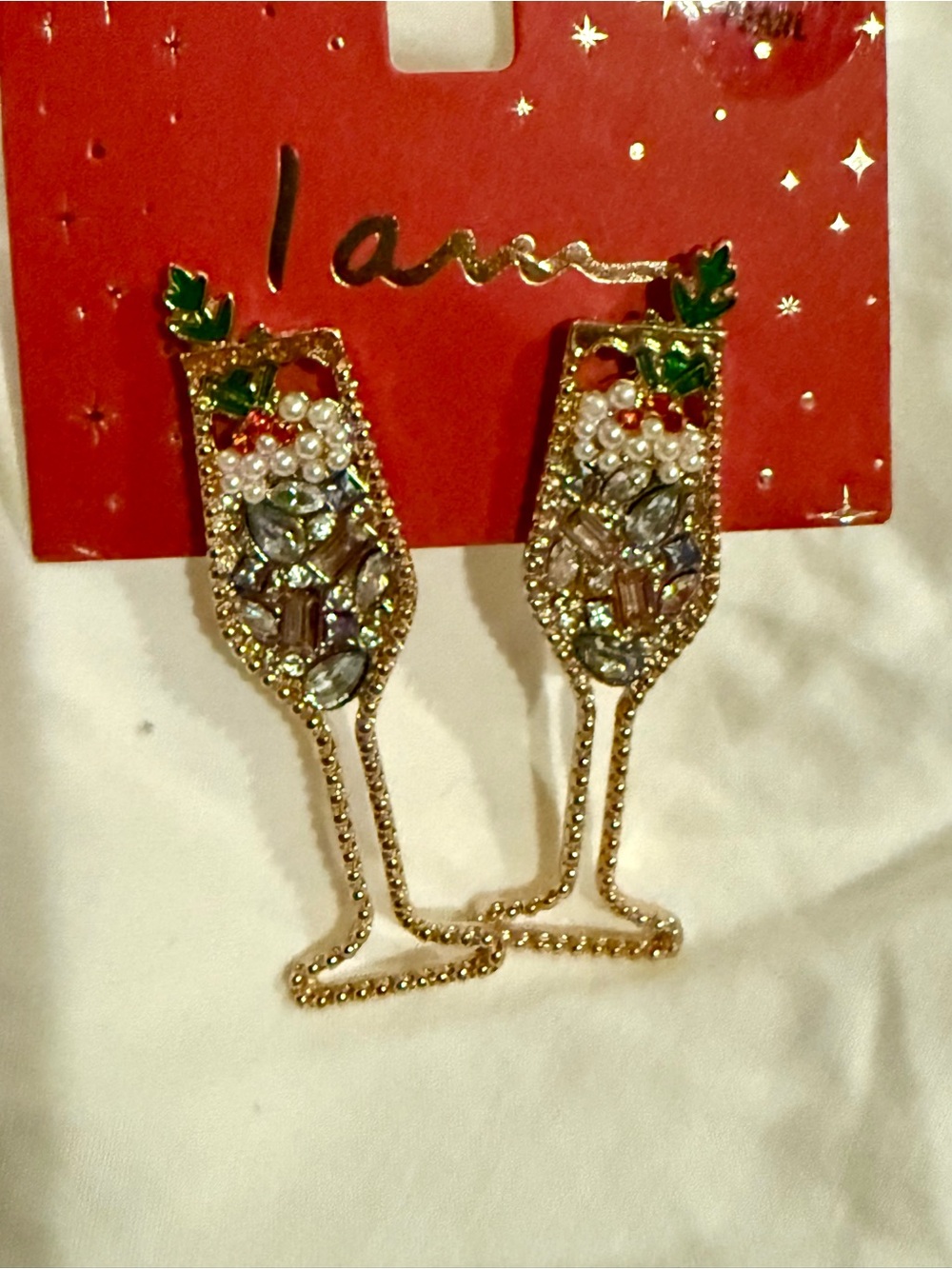Holiday Champagne Glass Rhinestone Pearl Statement Earrings